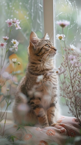 窗边鲜花小猫