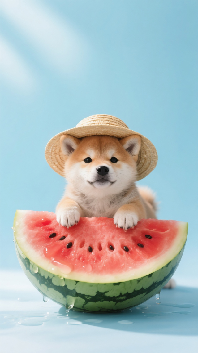 柴犬幼崽趴在西瓜上