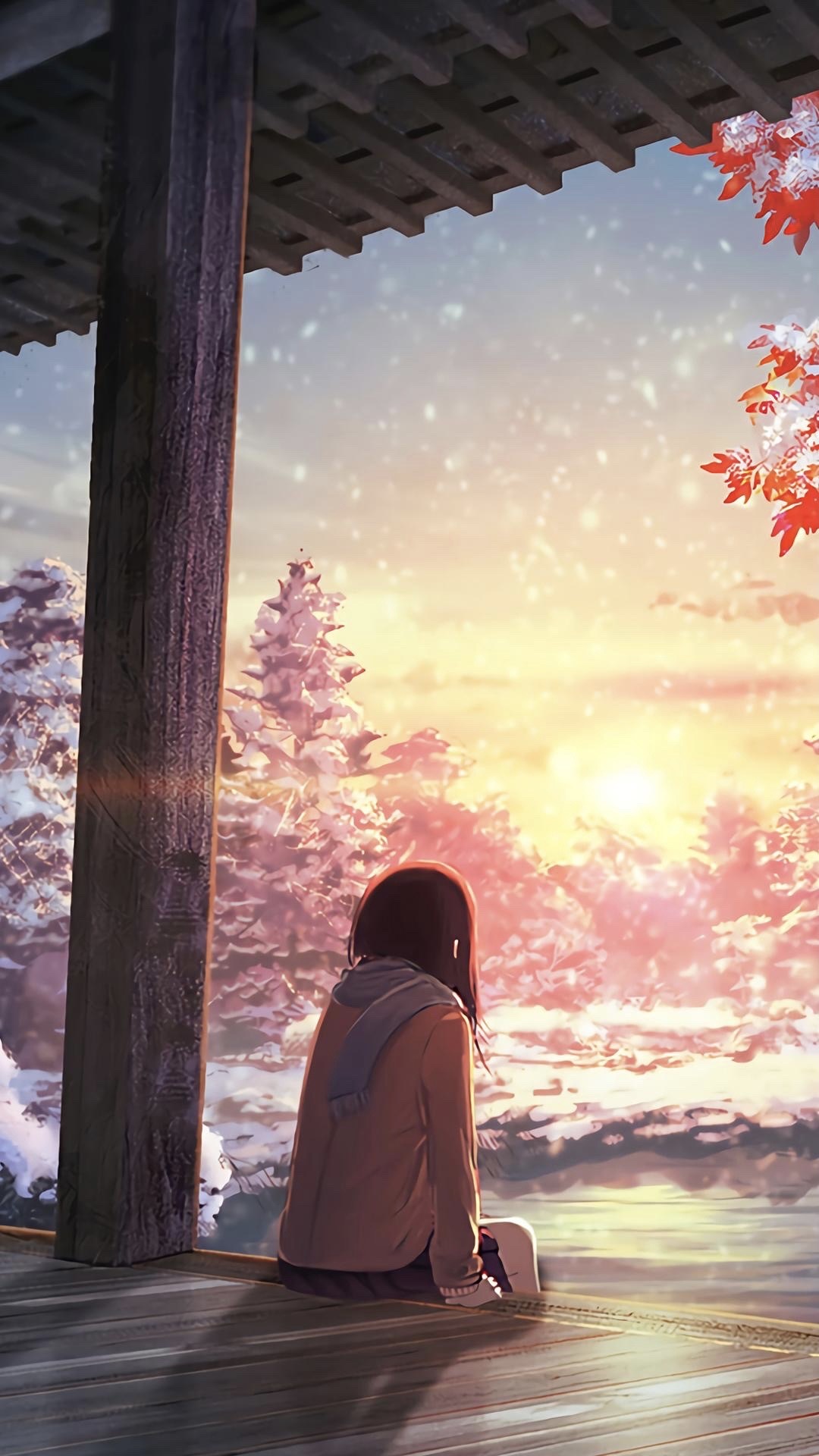 黄昏雪天孤独女孩