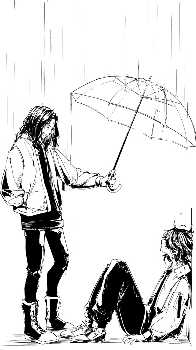 黑白撐傘少年