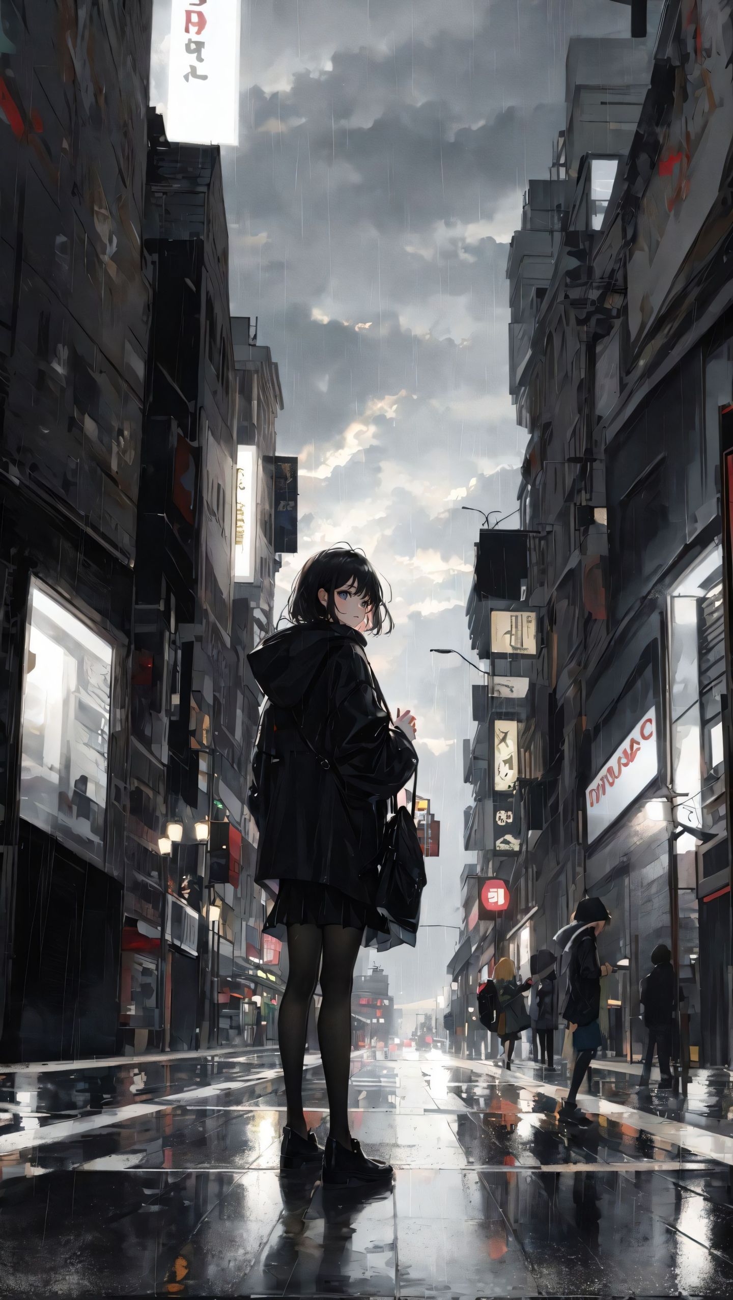 夜色街道雨中少女