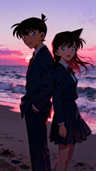 落日下的新一和小兰