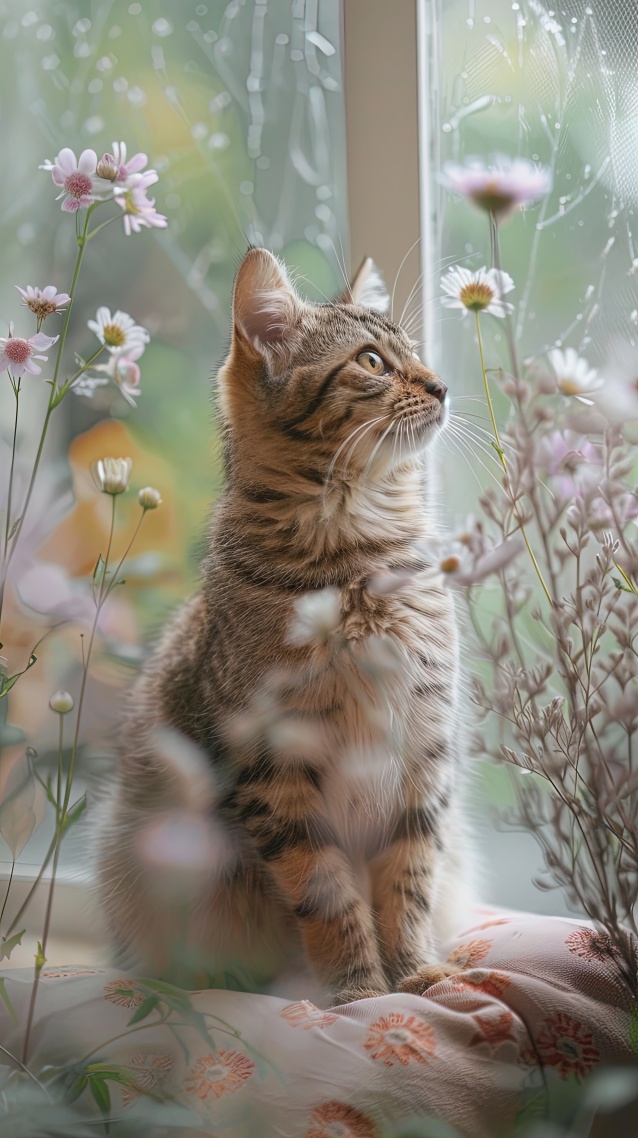 窗边鲜花小猫