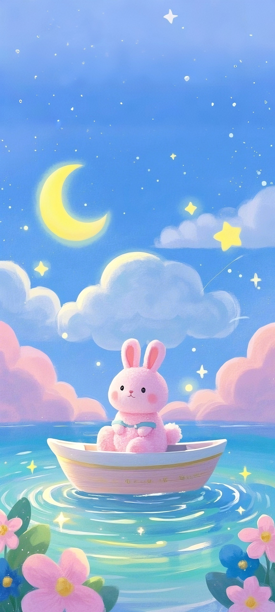 全屏高清粉色小兔月夜泛舟唯美