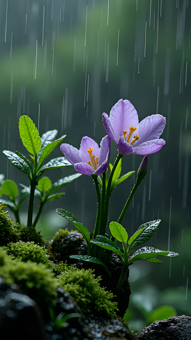 雨下在花草樹木上