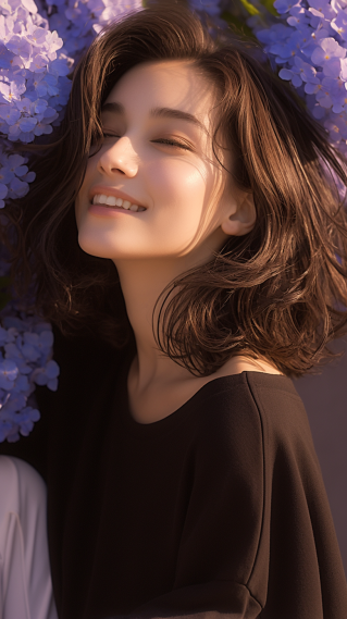 阳光紫色鲜花美女
