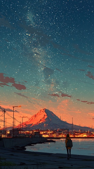 星夜山脚城镇河畔