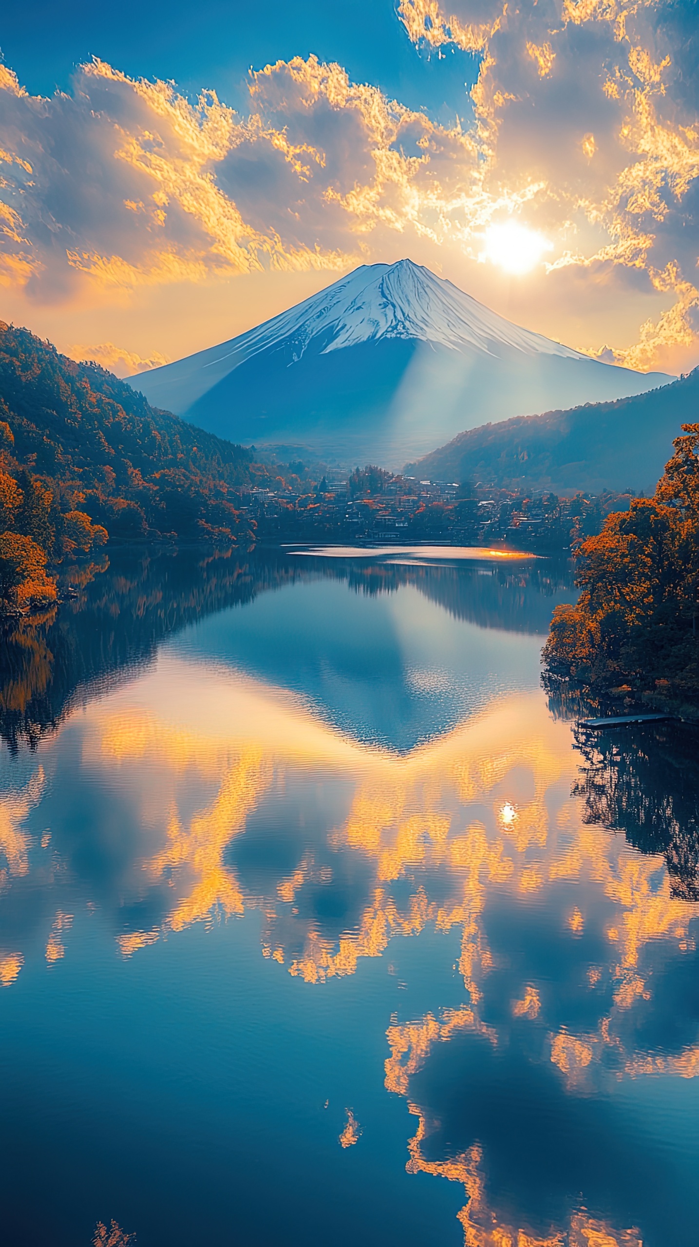 陽光高山湖泊倒影