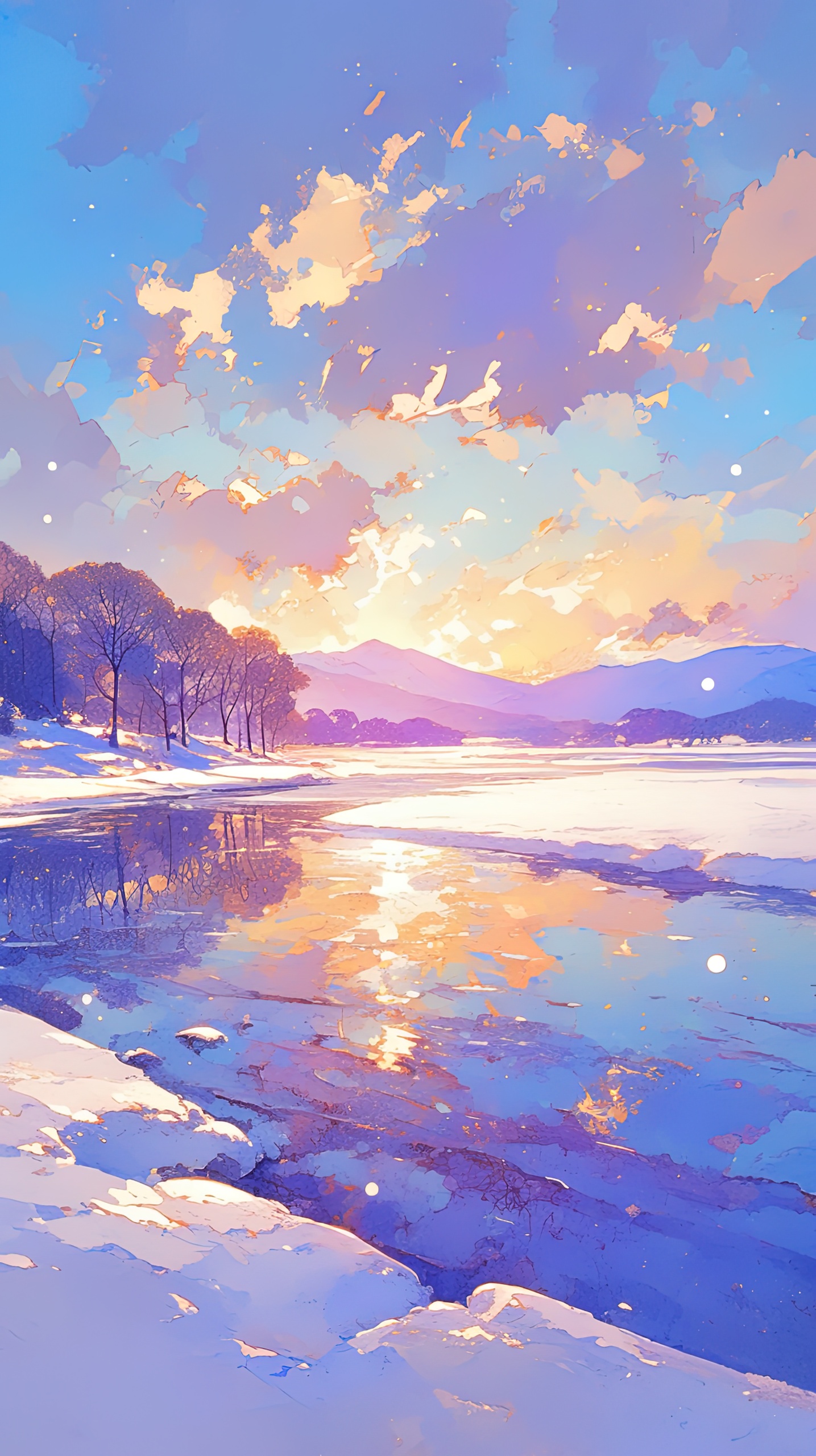 落日雪原河畔