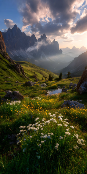 山涧花野，暮光染峰