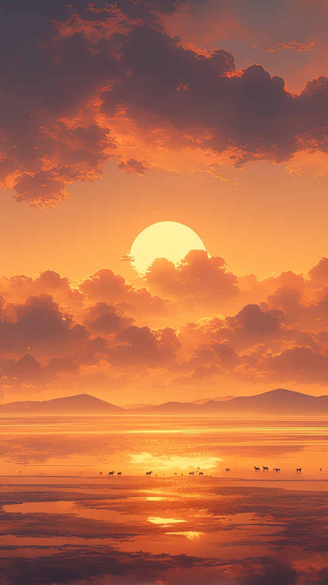 梦幻落日湖泊湿地