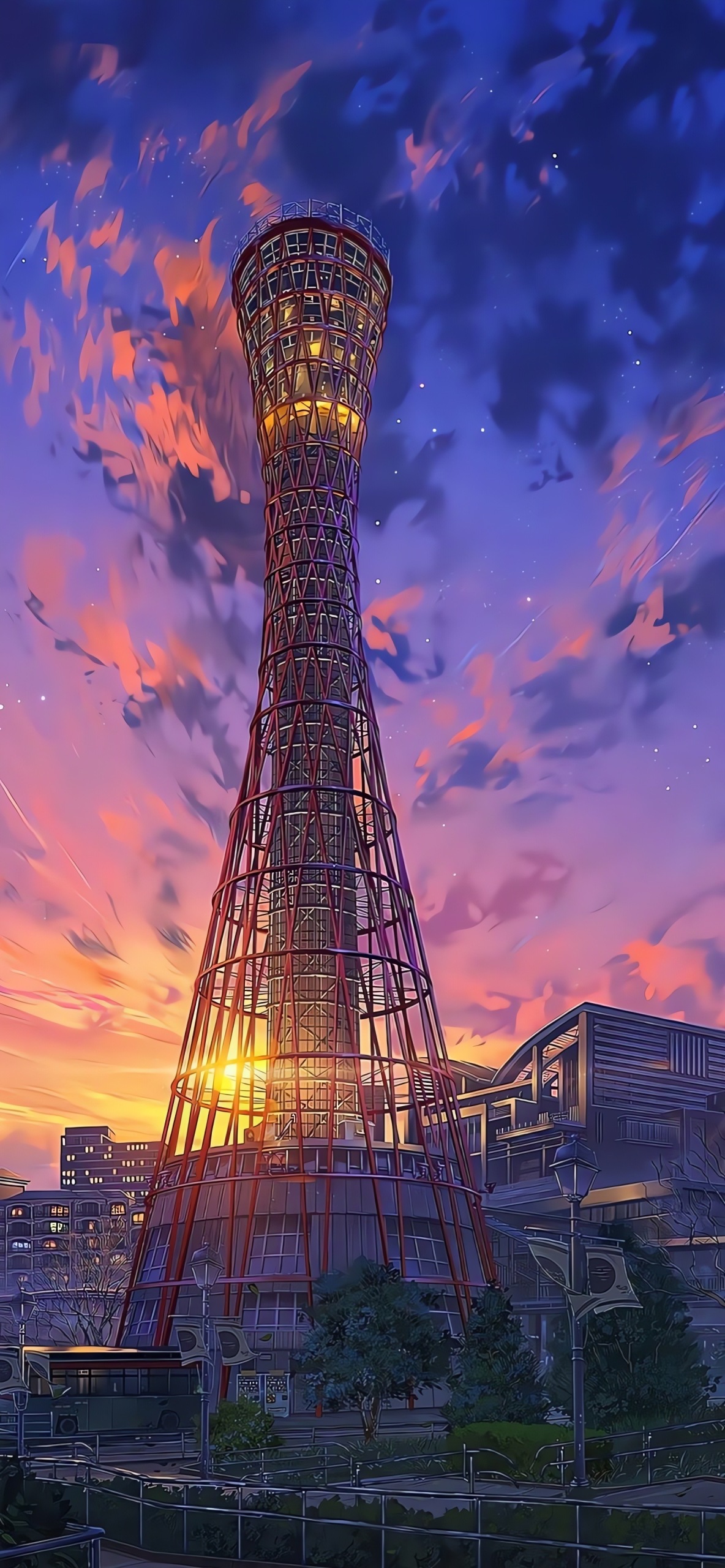 落日城市高塔