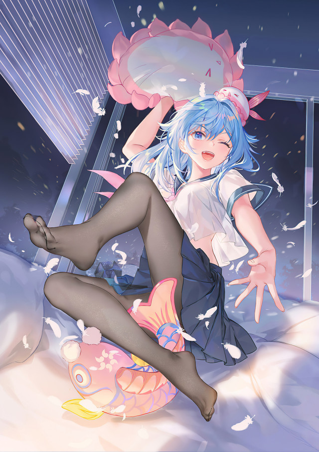 黑絲藍發少女微信朋友圈背景圖片