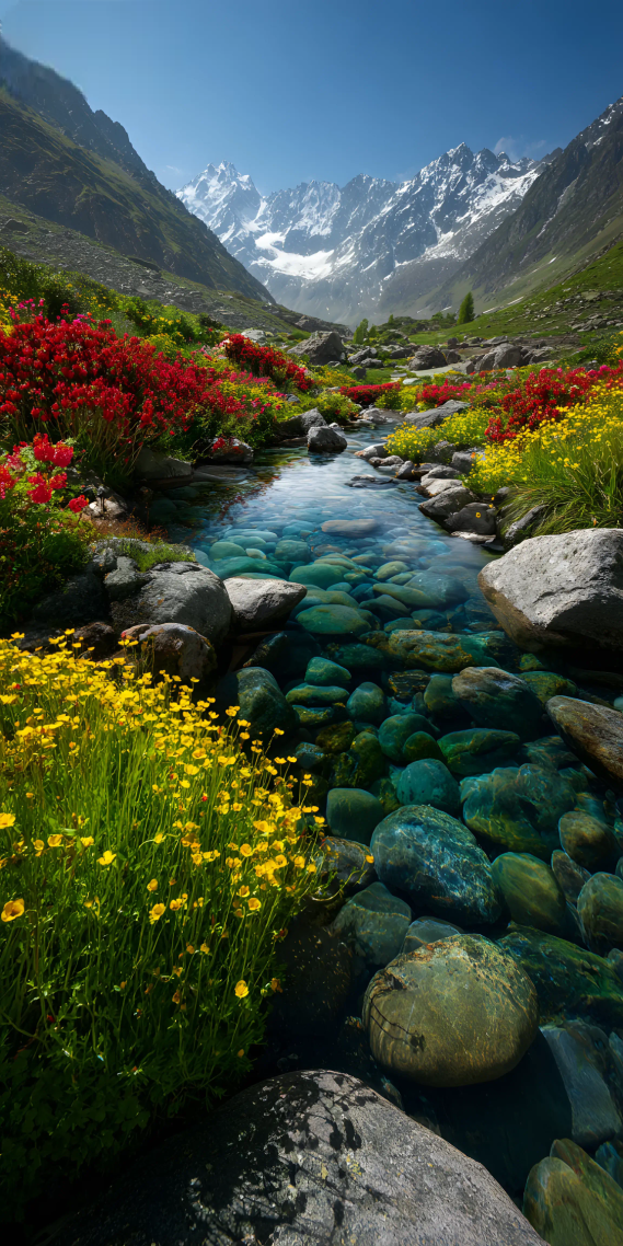 雪山赴野，溪间花开