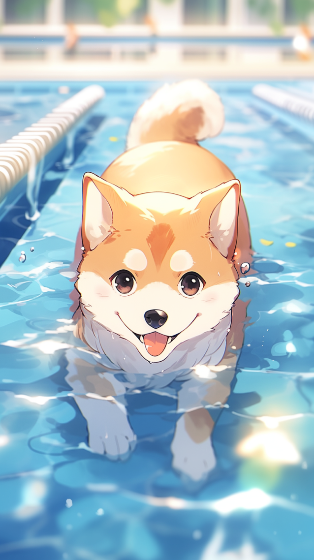 泳池裡的柴犬