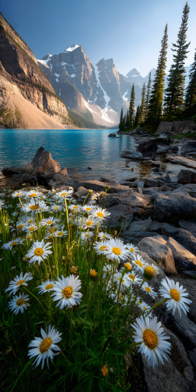 雪山湖畔，菊花漫野