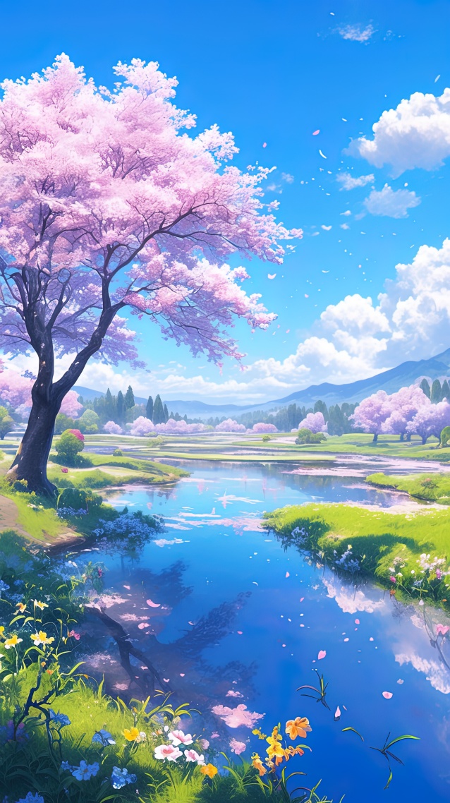 藍天陽光櫻花河畔