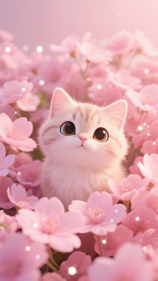 粉红花朵与小猫