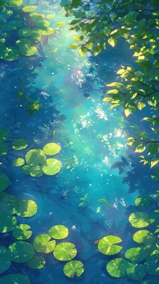 夏日清新绿色阳光水塘