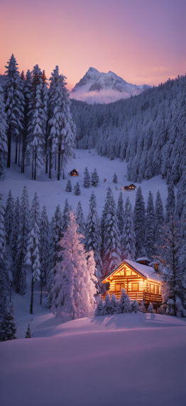 夜晚雪景小屋