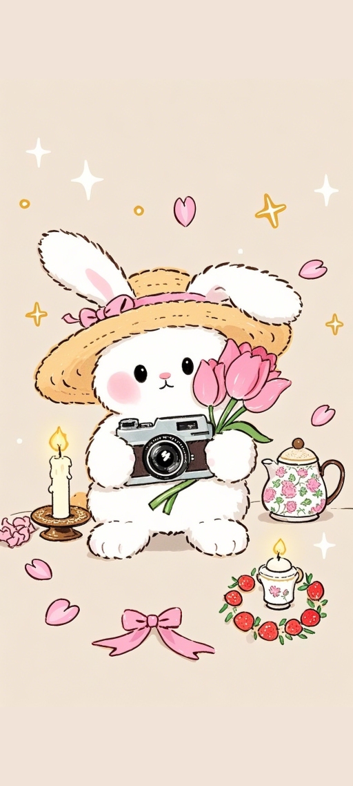 萌兔抱花拍相机甜趣