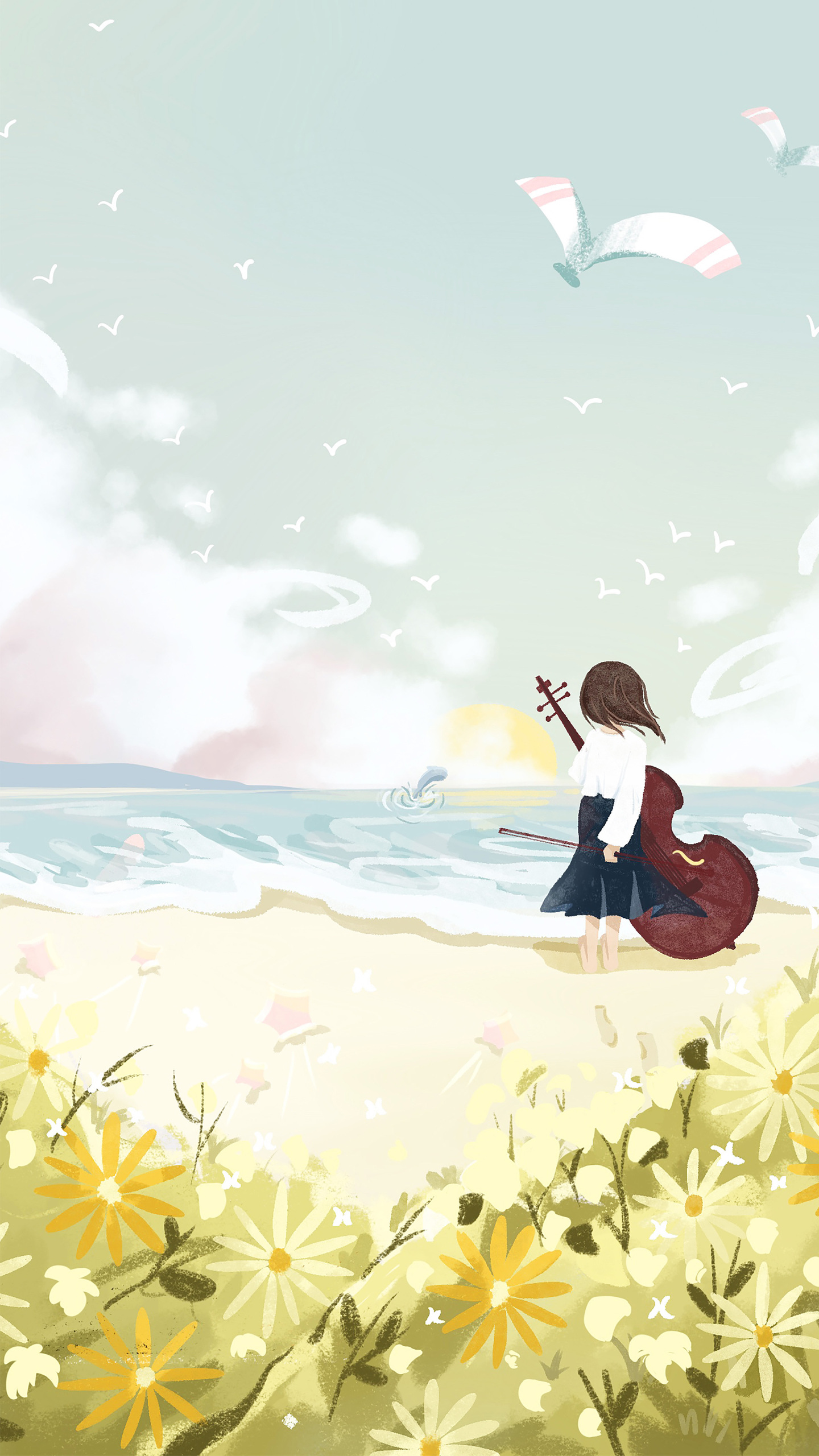 海邊拉提琴的少女