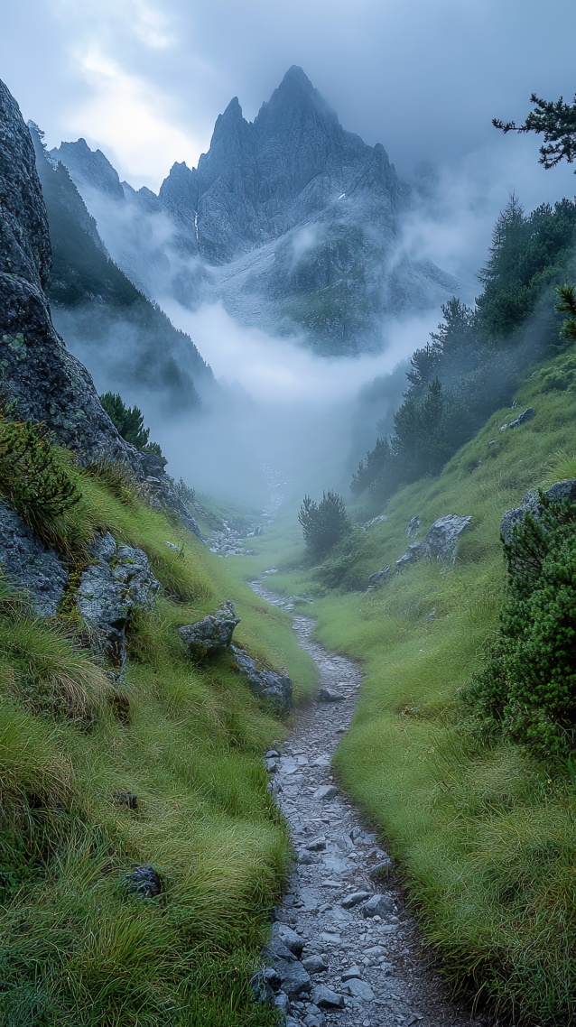 清晨迷雾山顶小径