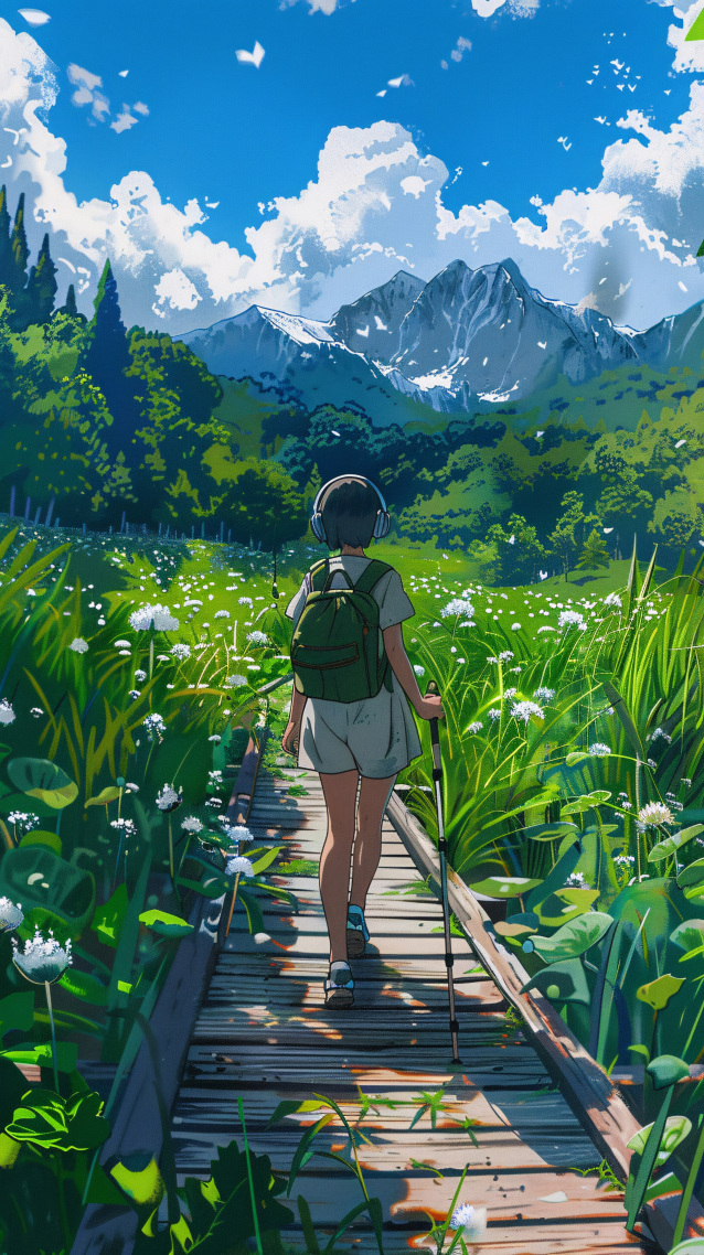 田园小道与徒步少女