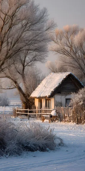 雪覆茅檐，晨霜裹树