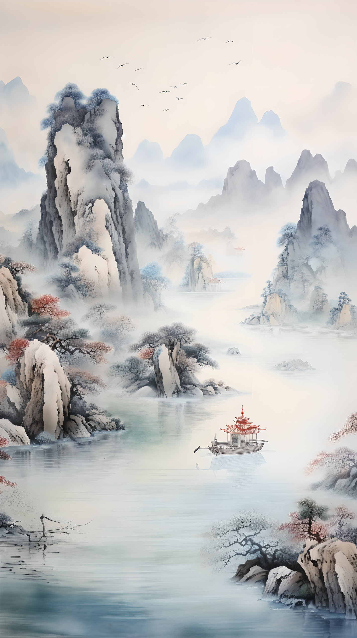 泼墨山水，轻舟