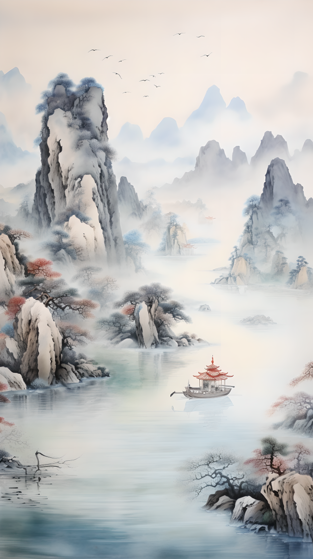 泼墨山水，轻舟