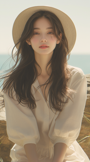 海边草帽长发女孩