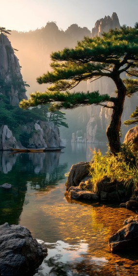 松影湖光，晨曦染翠，静谧山居
