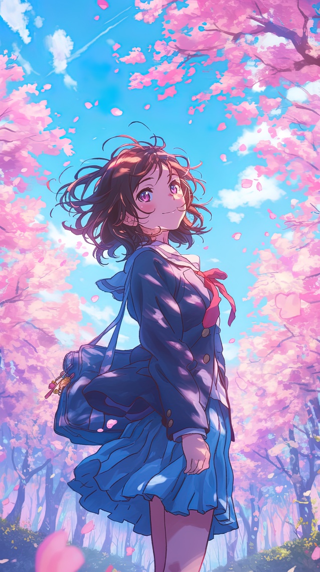 壁纸封面图校服女孩ai生成图樱花唯美校园青春活力清纯美女唯美治愈