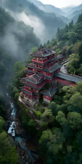 云烟缭绕，深山古刹的静谧与庄严