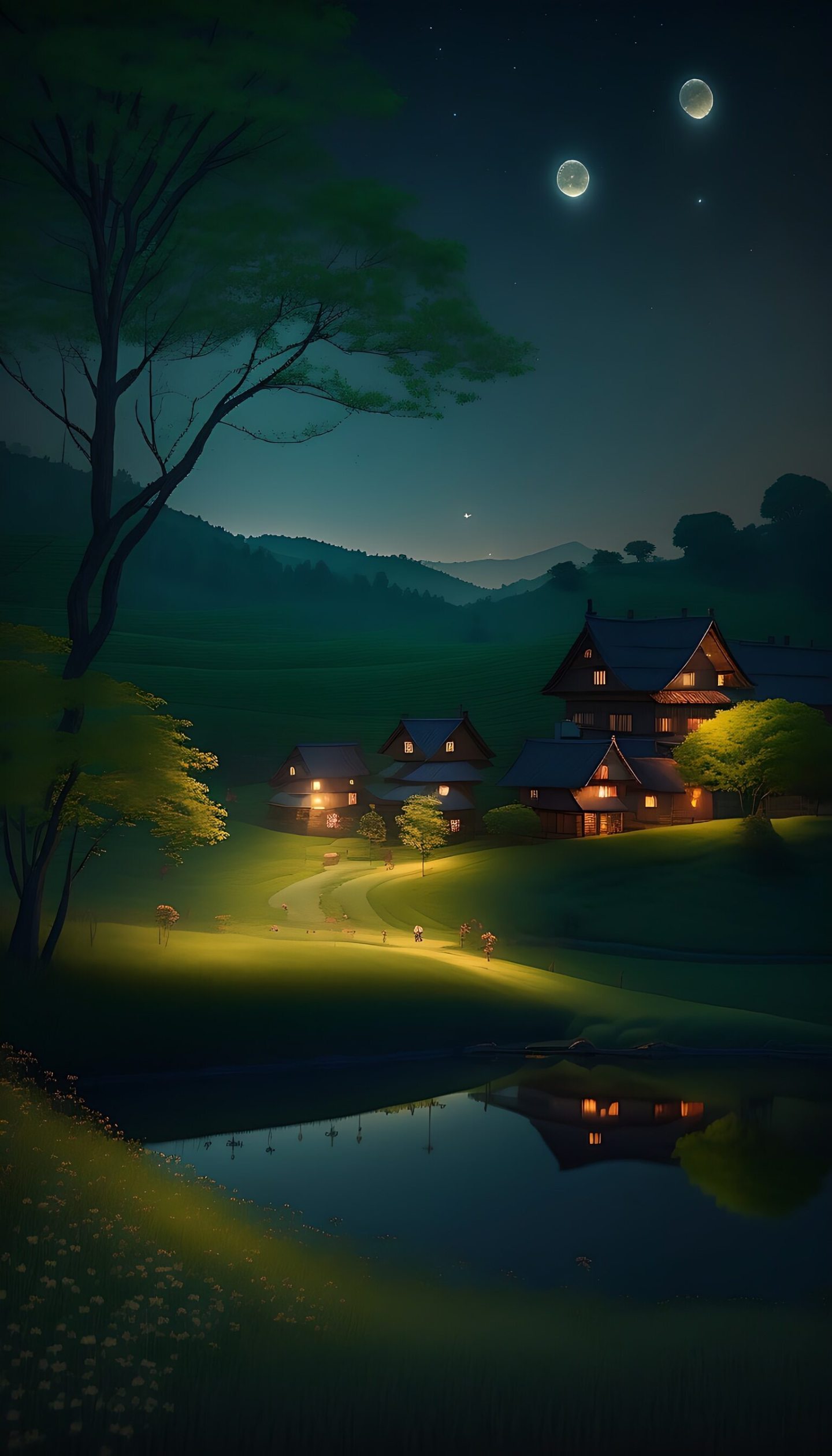 夜晚的小木屋