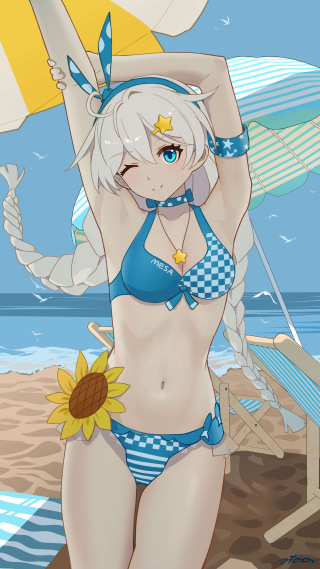 【百日绘画挑战Day85】琪亚娜
『夏风逐浪』10：00 a.m. 
「拉伸一下，一起去游泳吧！」
