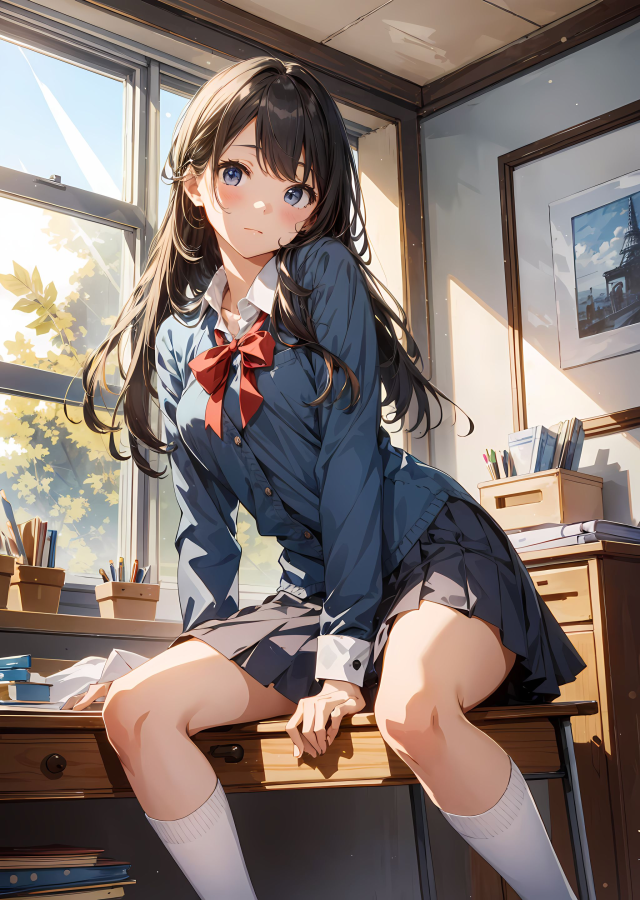 阳光下桌子上的JK少女