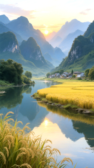 夕照漓江畔  峰影稻浪间