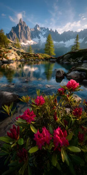 夏花映雪峰，阿尔卑斯的镜湖晨色