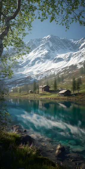 雪山湖畔的静谧小屋