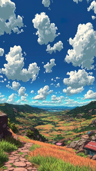 蓝天阳光草原山坡小径